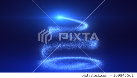Abstract bright blue flying line of dots and luminous particles of energetic magical bright spirals in the shape of a Christmas New Year tree Abstract bright blue flying line of dots and luminous particles of energetic magical bright spirals in the shape of a Christmas New Year tree 109845561