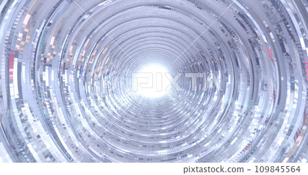 Abstract metallic shiny silver chrome polyhedral tunnel frame made of lines of hexagonal edges, mechanical high-tech tunnel futuristic, abstract background 109845564