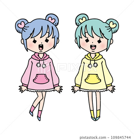 Girl coordinating twins/bun hair 109845744