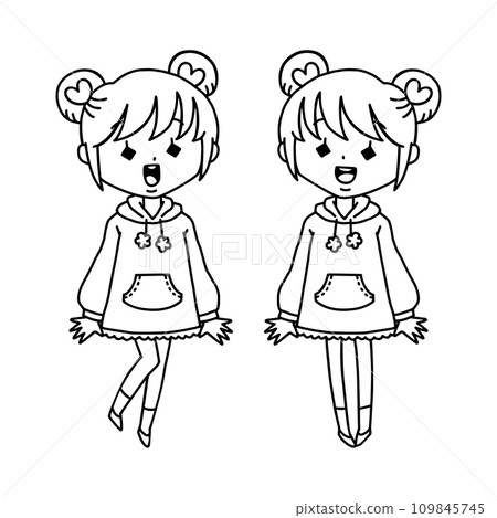 Girl coordinating twins, bun hair, line drawing 109845745