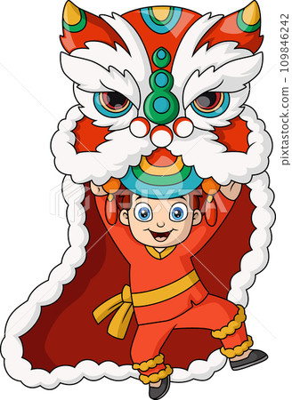 Cute little boy cartoon performing dragon dance Cute little boy cartoon performing dragon dance 109846242