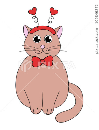 Cartoon Valentine day Cat character. Cute Kitten with Headband and tie bow. Vector flat illustration. 109846272