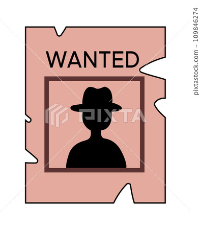 Vintage western style Wanted poster with cowboy silhouette portrait. Criminal catching and wanted notice. Vector cartoon flat illustration. 109846274