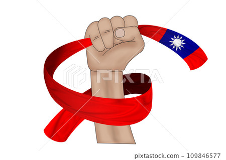 3D Flag on ribbon in hand 109846577