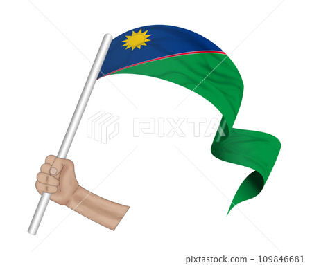 3D Flag on ribbon in hand 109846681