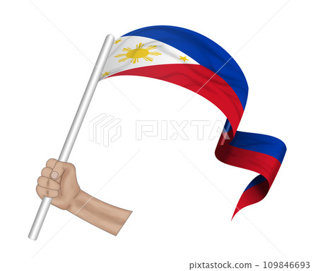 3D Flag on ribbon in hand 109846693
