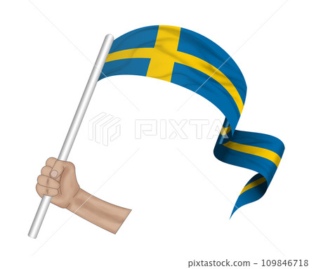 3D Flag on ribbon in hand 109846718