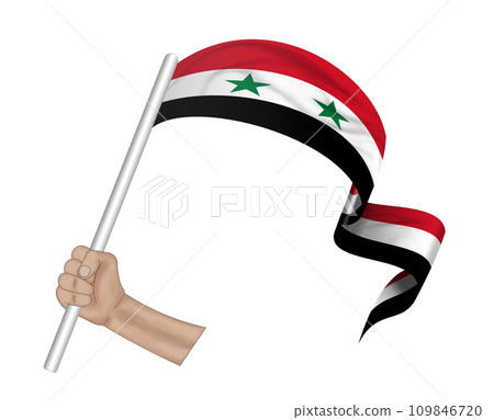 3D Flag on ribbon in hand 109846720