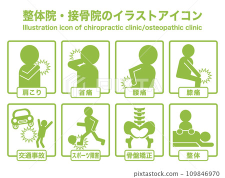 Chiropractic clinic, osteopathic clinic, treatment clinic, chiropractic massage related icon illustration set Chiropractic clinic, osteopathic clinic, treatment clinic, chiropractic massage related icon illustration set 109846970