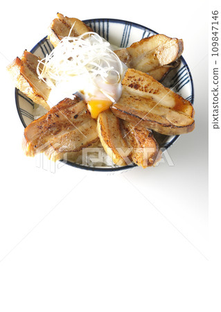 An overhead shot of a thick-sliced roasted pork bowl topped with a soft-boiled egg against a white background An overhead shot of a thick-sliced roasted pork bowl topped with a soft-boiled egg against a white background 109847146