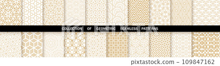 Geometric set of seamless gold and white patterns. Simple vector graphics Geometric set of seamless gold and white patterns. Simple vector graphics 109847162