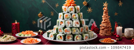 appetizer in shape of Christmas tree from rolls, sushi, red fish, traditional Japanese cuisine on festive New Year's table. Menu, recipe and beautiful presentation. Christmas decor and table setting. 109847419