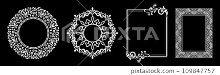 Set of decorative frames Elegant vector element for design in Eastern style, place for text. Floral black and white borders. Lace illustration for invitations and greeting cards. Set of decorative frames Elegant vector element for design in Eastern style, place for text. Floral black and white borders. Lace illustration for invitations and greeting cards. 109847757