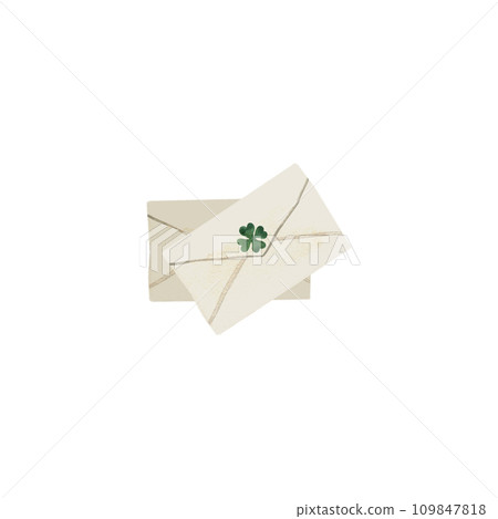 A pair of paper mailing envelopes with green four-leaf clovers for St. Patrick's Day invitations. Isolated watercolor illustration on white background. Clipart. A pair of paper mailing envelopes with green four-leaf clovers for St. Patrick's Day invitations. Isolated watercolor illustration on white background. Clipart. 109847818
