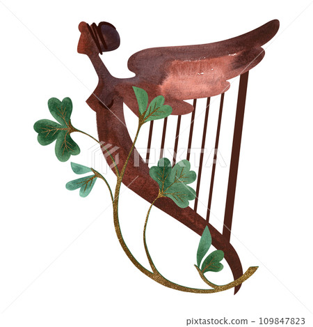 A wooden Celtic harp with a female silhouette entangled in a clover shamrock. Symbol of Ireland. St.Patrick 's Day. Isolated watercolor illustration in vintage style. 109847823