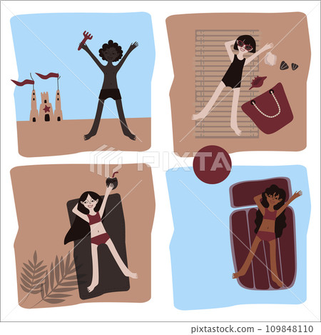 Diverse children relax on the beach. Boys and girls. Set of vector scenes with palm trees, sand, sea, ocean, pool, shells, sand castles, inflatable rings and air mattresses. Illustration for tourist Diverse children relax on the beach. Boys and girls. Set of vector scenes with palm trees, sand, sea, ocean, pool, shells, sand castles, inflatable rings and air mattresses. Illustration for tourist 109848110