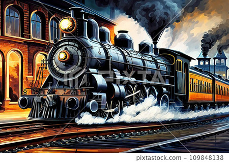 Steam locomotive running through the city 109848138