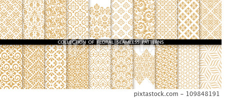 Geometric floral set of seamless patterns. White and gold vector backgrounds. Damask graphic ornaments Geometric floral set of seamless patterns. White and gold vector backgrounds. Damask graphic ornaments 109848191