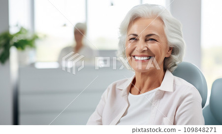 AI-generated content. Banner with happy healthy old lady in medical clinic with copy space for text 109848271