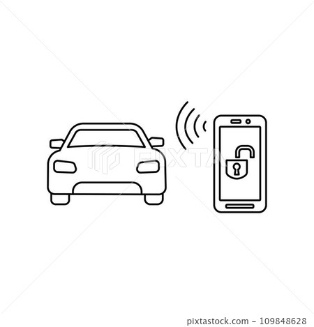 Car key in smartphone icon, using smart lock application, automatic locking or open door in vehicle, phone nfc technology, close auto, thin line symbol on white background - editable stroke vector 109848628