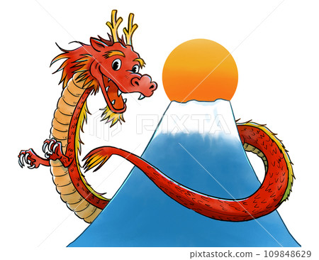 Watercolor style illustration of red dragon, Mt. Fuji and first sunrise Watercolor style illustration of red dragon, Mt. Fuji and first sunrise 109848629