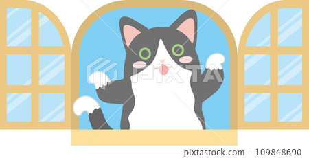 貓和窗戶_窗戶和貓_黑白八件燕尾服貓在窗邊頑皮地擺姿勢 109848690