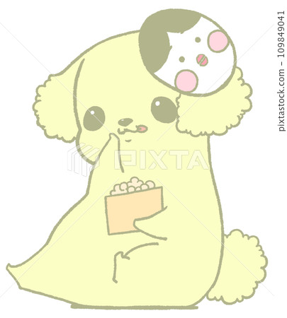 Toy poodle wearing a mask and holding Setsubun beans (pastel yellow) 109849041