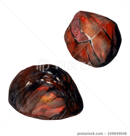 Hand drawn watercolor illustration precious semiprecious jewel gem crystal chakra birth stone. Garnet ruby agate. Set of objects isolated on white background. Design print, shop, jewelry, fashion 109849046