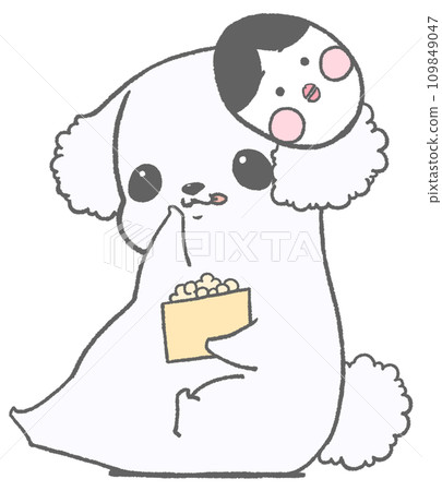 戴著面具拿著節分豆的玩具貴賓犬（白色） 109849047
