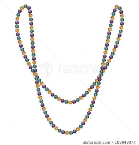 Hand drawn watercolor Mardi Gras carnival symbols. String of beads necklace jewelry throws in traditional color. Single object isolated on white background. Design for party invitation, print, shop 109849077