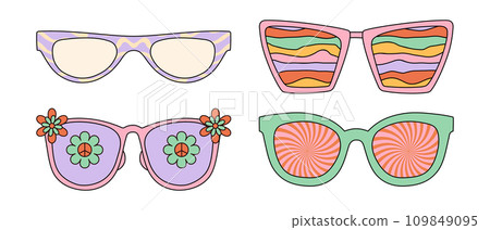 Set of groovy sunglasses with psychedelic patterns. Vector graphics isolated on white background. 109849095