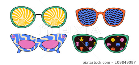 Retro sunglasses with psychedelic patterns. Vintage 70s style. Vector graphics. 109849097