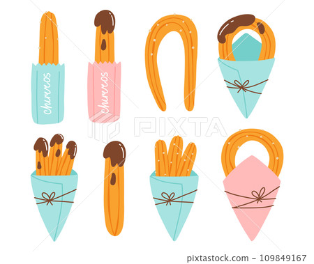 Set of churros in paper bags. Collection of Mexican churros. Vector illustration in flat hand drawn style. 109849167