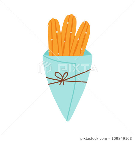 Churros in a paper bag. Mexican snack. Hand drawn flat vector illustration. Churros in a cone. 109849168