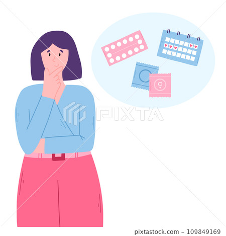 Various types of female contraception. Concept of a woman thinking about contraception that is suitable for her. Vector concept of choosing a contraceptive method. Various types of female contraception. Concept of a woman thinking about contraception that is suitable for her. Vector concept of choosing a contraceptive method. 109849169