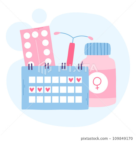 Types of contraception. Pills, calendar, patch, condom and coil. Vector illustration in a flat style. Types of contraception. Pills, calendar, patch, condom and coil. Vector illustration in a flat style. 109849170