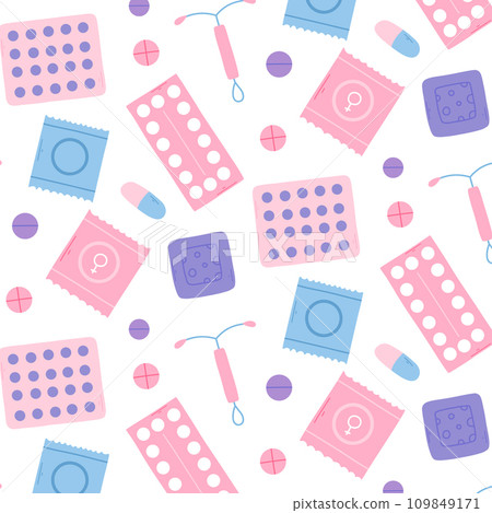 Seamless pattern with contraceptives. Vector illustration. Flat style. Medical print. Pattern with pill condoms. Seamless pattern with contraceptives. Vector illustration. Flat style. Medical print. Pattern with pill condoms. 109849171
