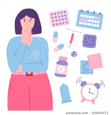 Various types of female contraception. Concept of a woman thinking about contraception that is suitable for her. Vector concept of choosing a contraceptive method. 109849172