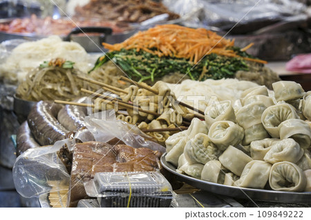 A variety of ingredients lined up at market stalls 109849222