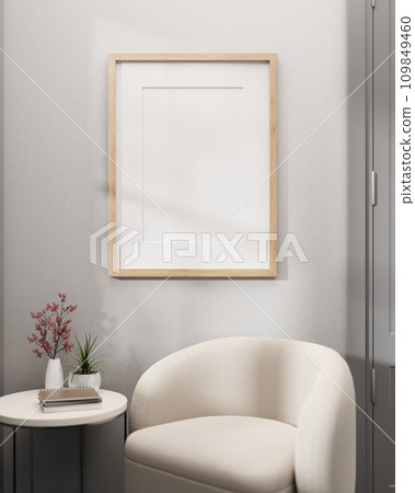 Interior design of a modern, minimalist living room with a picture frame mockup on a white wall. 109849460