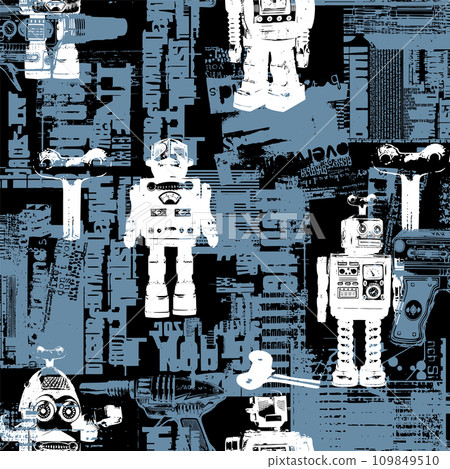 A collage pattern of abstract motifs and tin robots, 109849510