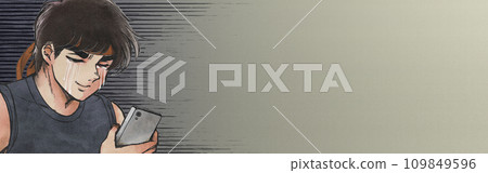 換工作...一名男子在智慧型手機上尋找工作的插畫橫幅 109849596