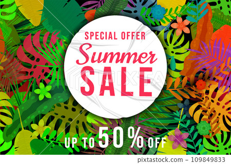 Summer Sale banner tropical plant, flowers and leaves 109849833