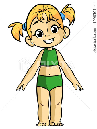 Cute cartoon little girl. Vector illustration of a teenager wearing swimming suit outlined. 109850144