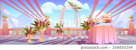 Wedding ceremony outdoor setup with arch Wedding ceremony outdoor setup with arch 109850294