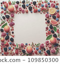 AI-generated content. Square frame of various berries and fruits, peach-colored background 109850300