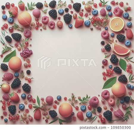 AI-generated content. Square frame of various berries and fruits, peach-colored background 109850300