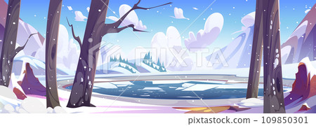 Cartoon winter snowy landscape with lake in forest 109850301