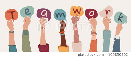 Group of arms and raised hands of diverse people holding a speech bubble with letters inside forming the text -Teamwork- Collaboration between colleagues or co-workers. Community. Banner Group of arms and raised hands of diverse people holding a speech bubble with letters inside forming the text -Teamwork- Collaboration between colleagues or co-workers. Community. Banner 109850302