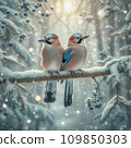 AI-generated content. Two jay birds sitting on a branch in a snowy forest 109850303